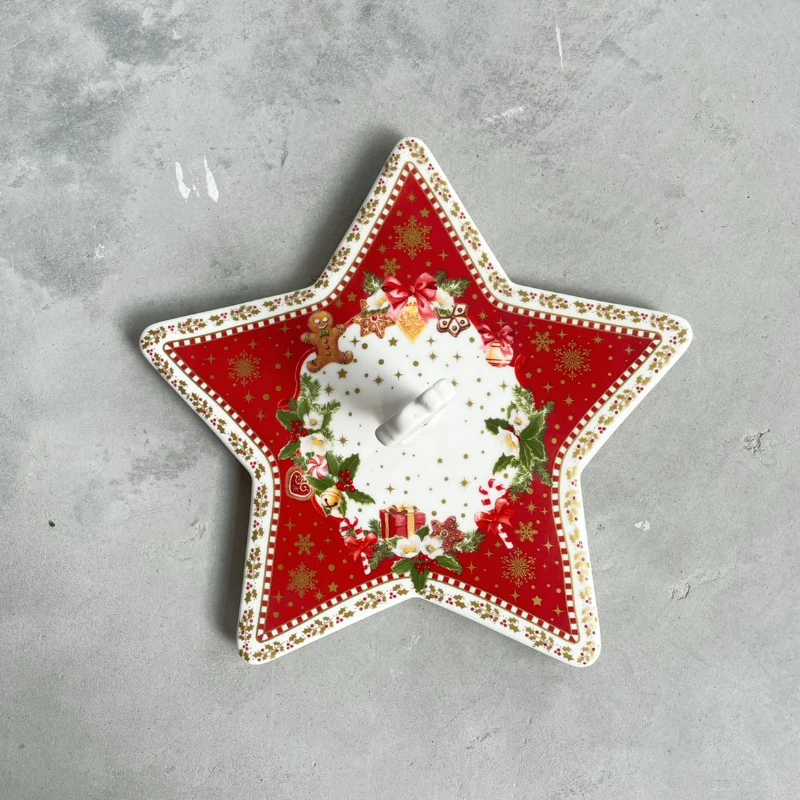 

Limited Edition Santa Claus Red Five Pointed Star Decoration Plate 3D Star Plate Ornament Creative Gingerbread Man Ceramic Dish