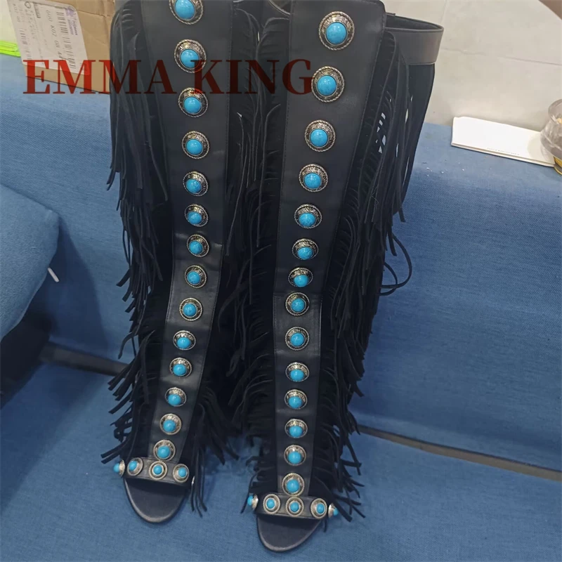 فو الجلود هامش حذاء برقبة للركبة المرأة المفتوحة تو الأحجار الكريمة ديكور خنجر كعب الظهر البريدي الصيف ملهى ليلي عالية الكعب 44 #5