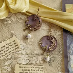 Kshmir New fashion pendant female Earrings Flower bird purple shell Pearl Earrings Jewelry jewelry girl's gift