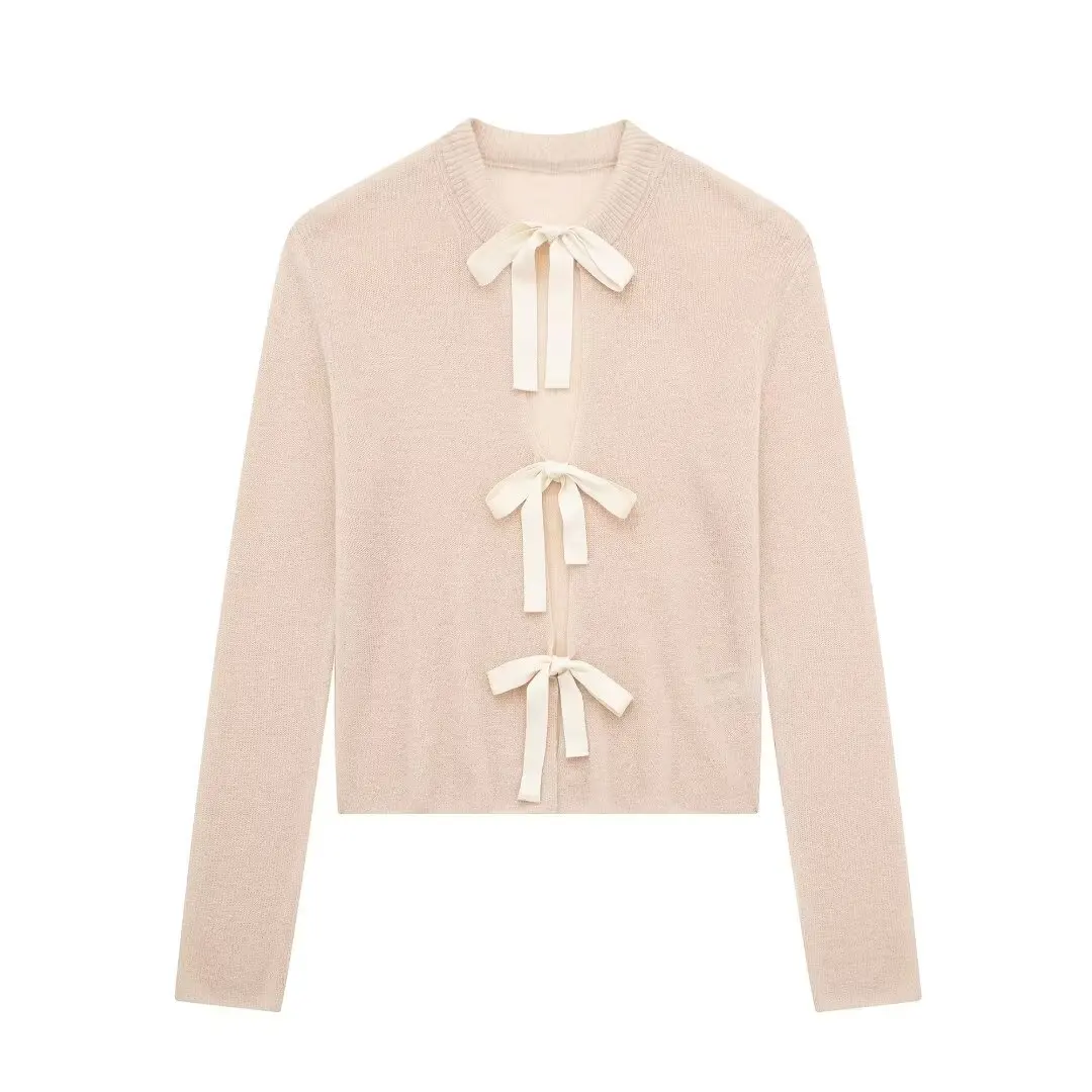 Tangada 2024 Women Bow Loose Crop Knit Cardigan Sweaters Female Jumper Outwear 3H0139