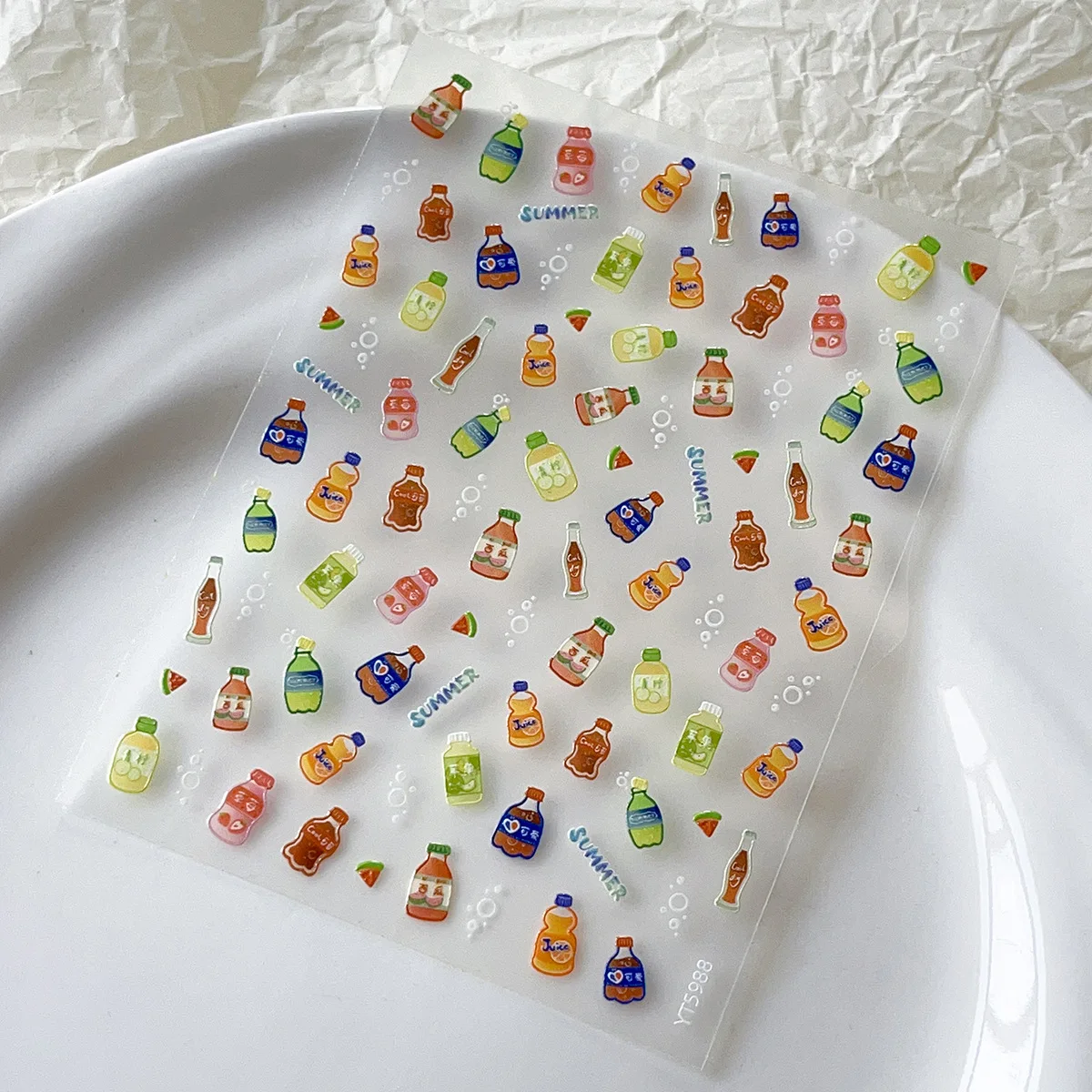 Botella de bebida de Soda en relieve, pegatina para manicura, decoración de bebidas de verano de dibujos animados bonitos, pegatina artística para uñas