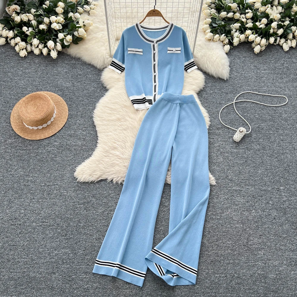

Women Two Pieces Sets Casual Summer O-Neck Knit Top Ruffle and Hotsweet loose basics Pant Sets