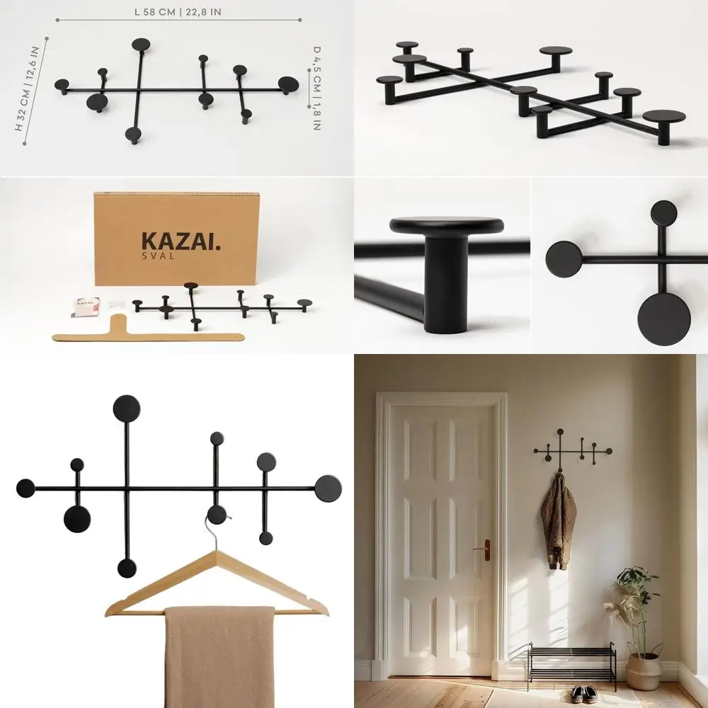 

Modern Metal Wall-Mounted Coat Rack Hooks | Minimalist Design | Black