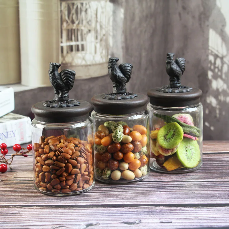 

European Vintage Glass Storage Jar With Sealed Iron Lid And Cast Iron Rooster Decor For Serving Tea Coffee Spice Candy 600ml