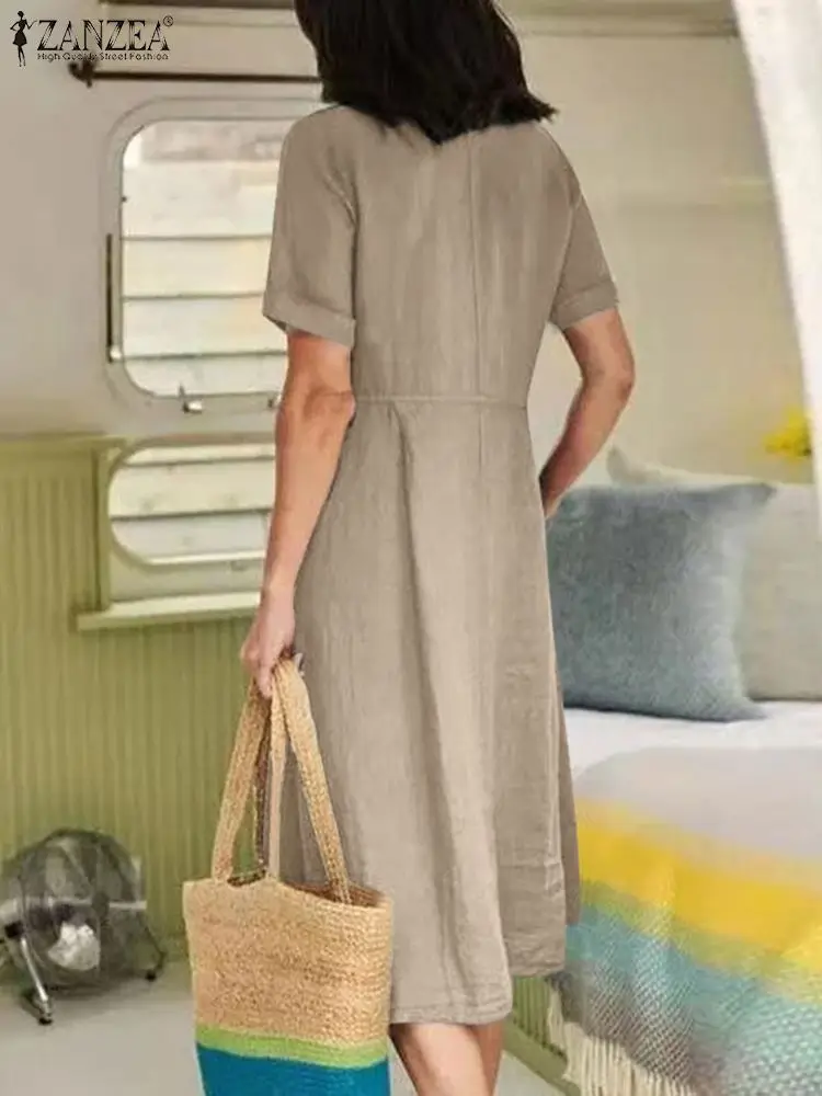 ZANZEA Summer Fashion Women Dress Solid Short Sleeve V-Neck Cotton Button Vestido Elegant Casual Oversized Midi Dresses 2023