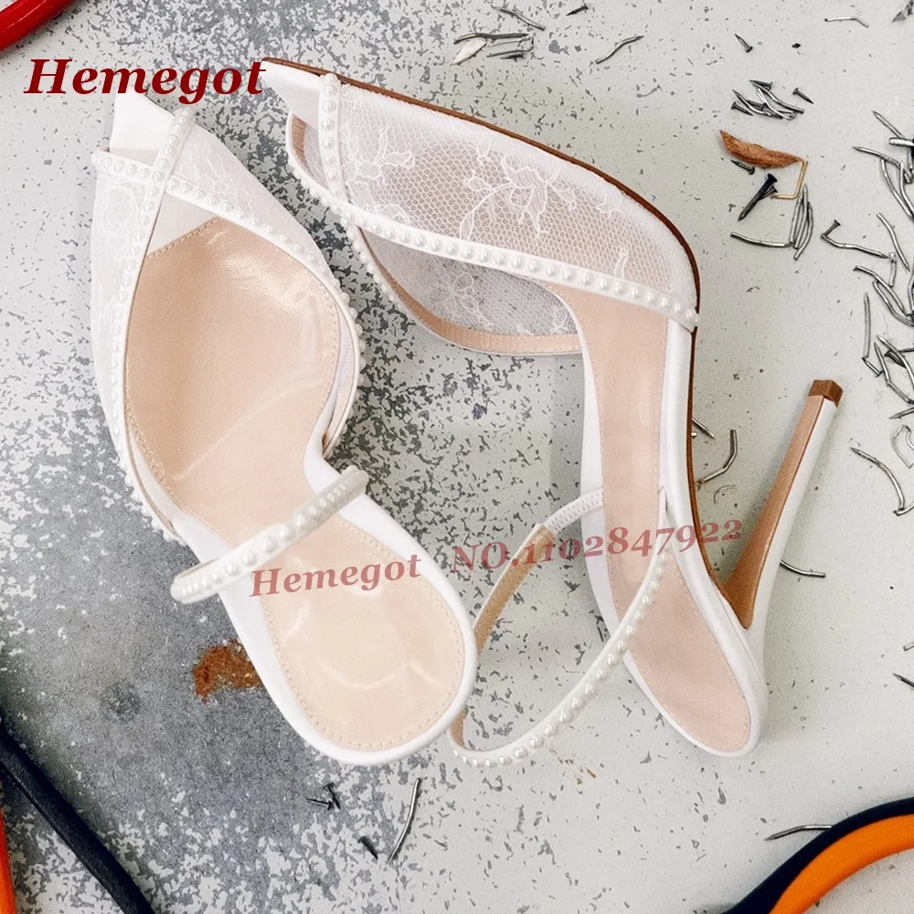

Women's White Mesh Lace Pearl Slingback Heels Peep Toe Stiletto Sandals Elegant Bridal Wedding Shoes Patchwork Summer Pumps Sexy