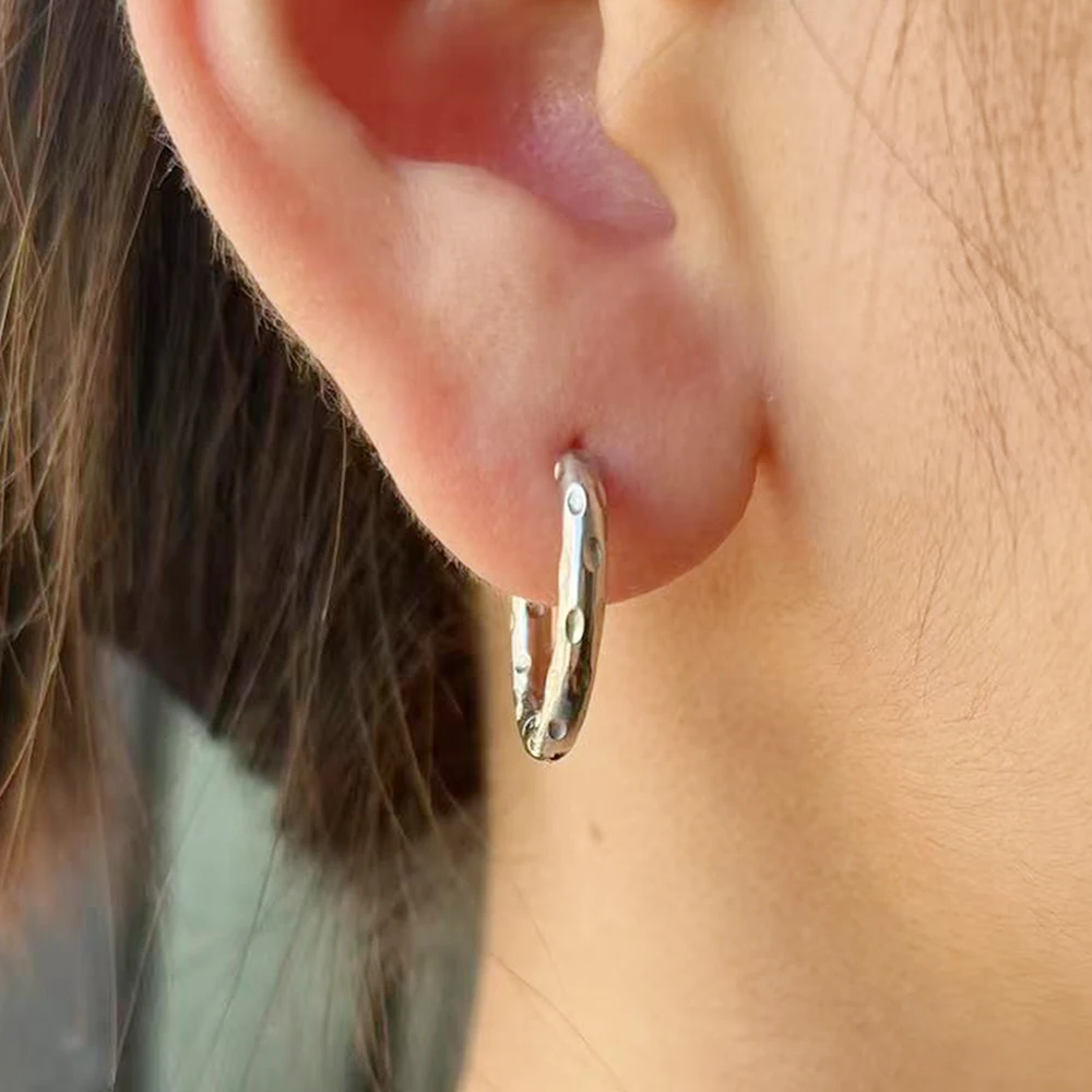 Chunky Pair Earrings Round Hook Dot Hammered Hoop Earrings For Women Girl's Vintage Jewelry Stainless Steel aretes para mujer