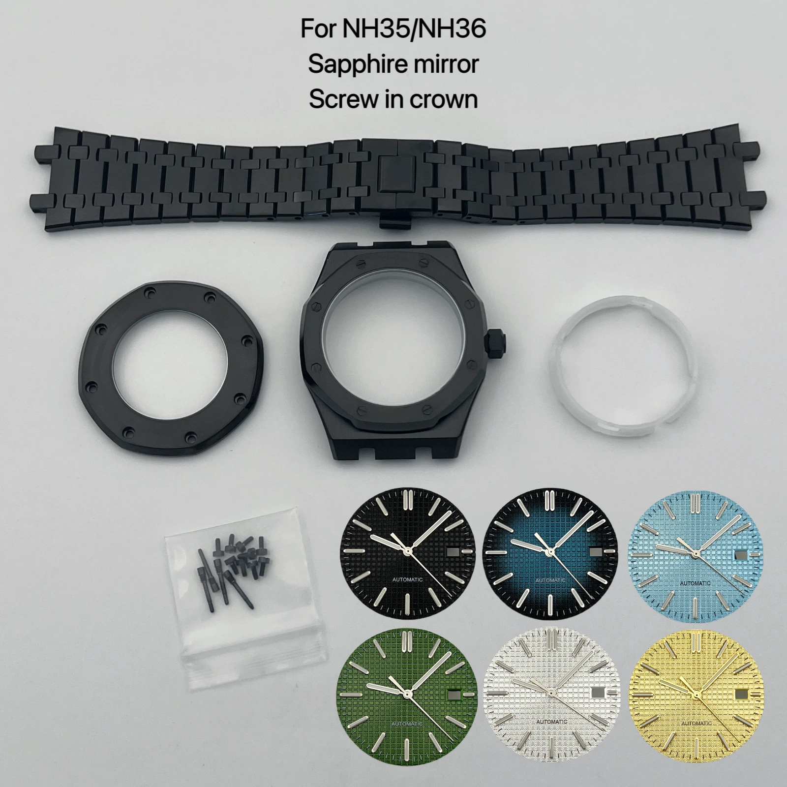 41mm black NH35 case, case+strap+dial+hands, sapphire mirror, suitable for NH35NH36 movement