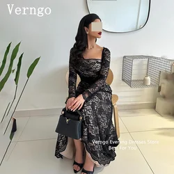 Verngo Black Lace Long Prom Gown Square Collar Full Sleeves Party Dress For Women A Line Lace Up Saudi Aranbic Formal Dress