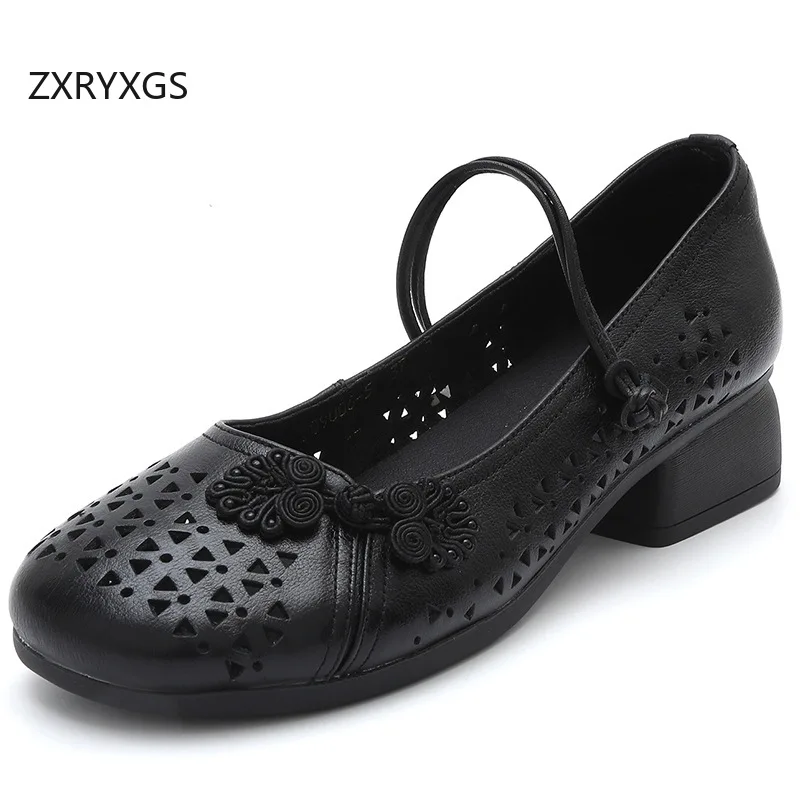 

ZXRYXGS 2025 сандалии из натуральной кожи в китайском стиле премиум-класса в стиле ретро, дышащие женские модные сандалии на среднем каблуке, большой размер