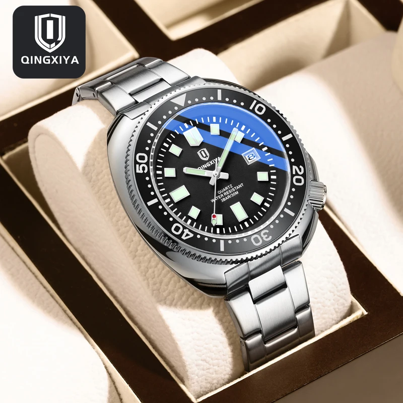 1#QINGXIYA Brand New Fashion Design Date Quartz Watch for Men Stainless Steel Waterproof Luminous Mens Watches Relogio Masculino