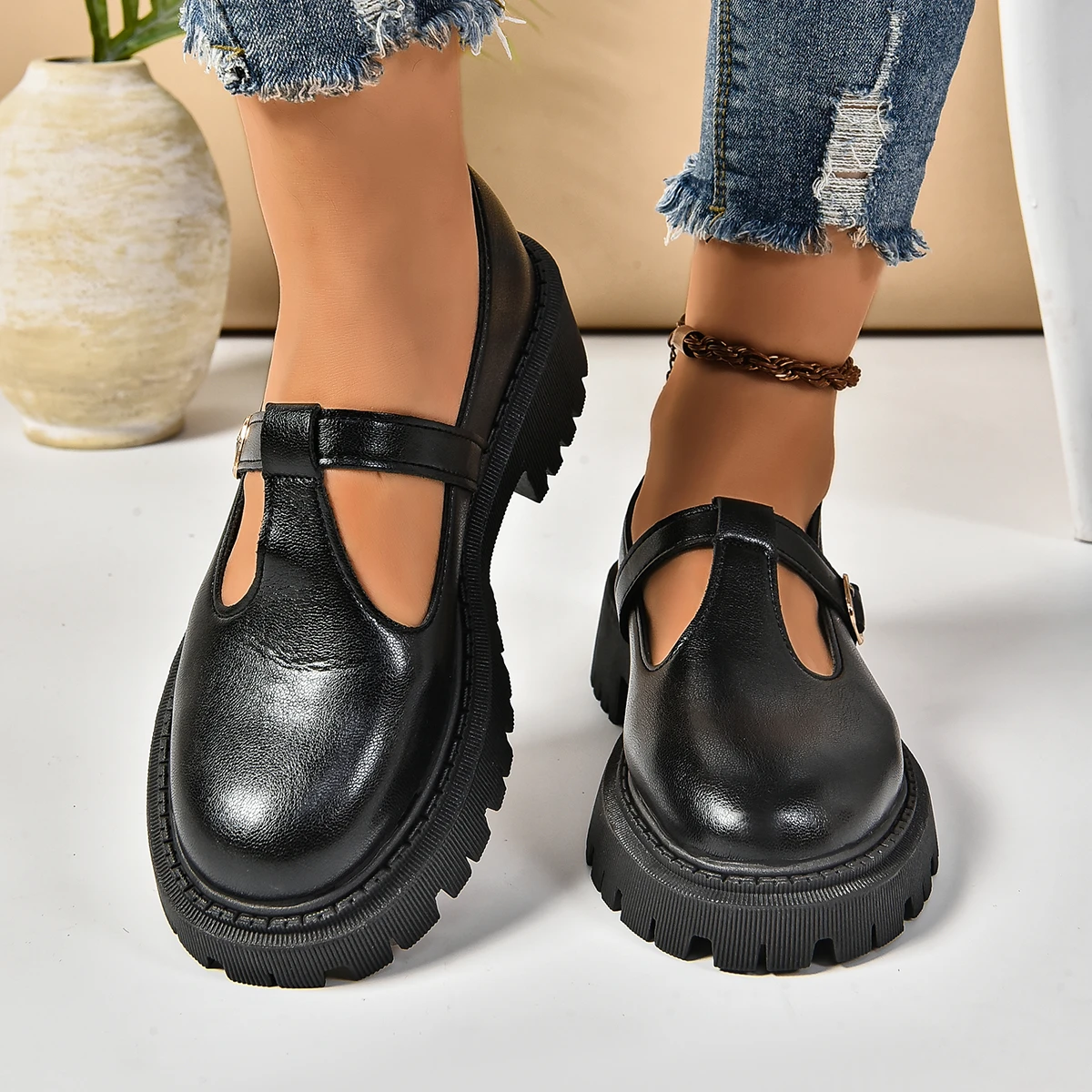 Solid Color Mary Jane Platform Shoes Woman 2024 Buckle Strap Pu Leather Casual Shoes Woman Thick Sole Student Jk Uniform Shoes