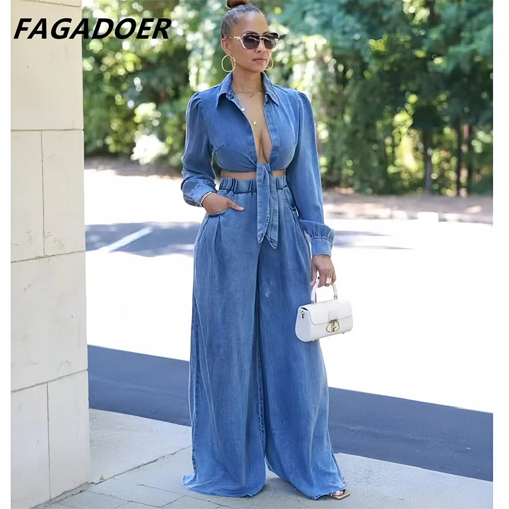 FAGADOER moda fasciatura gamba larga jeans pantaloni 2 pezzi set donna vestito colletto rovesciato Crop Top e pantaloni in Denim a vita alta abiti