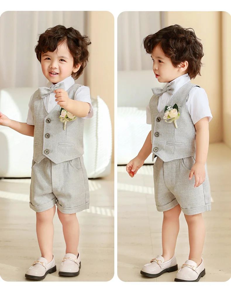 Childrren Slim Fit Vest Shirt Shorts Bowite Flower 5PCS Photography Suit Kids Performance Costume Boys Birthday Wedding Dress