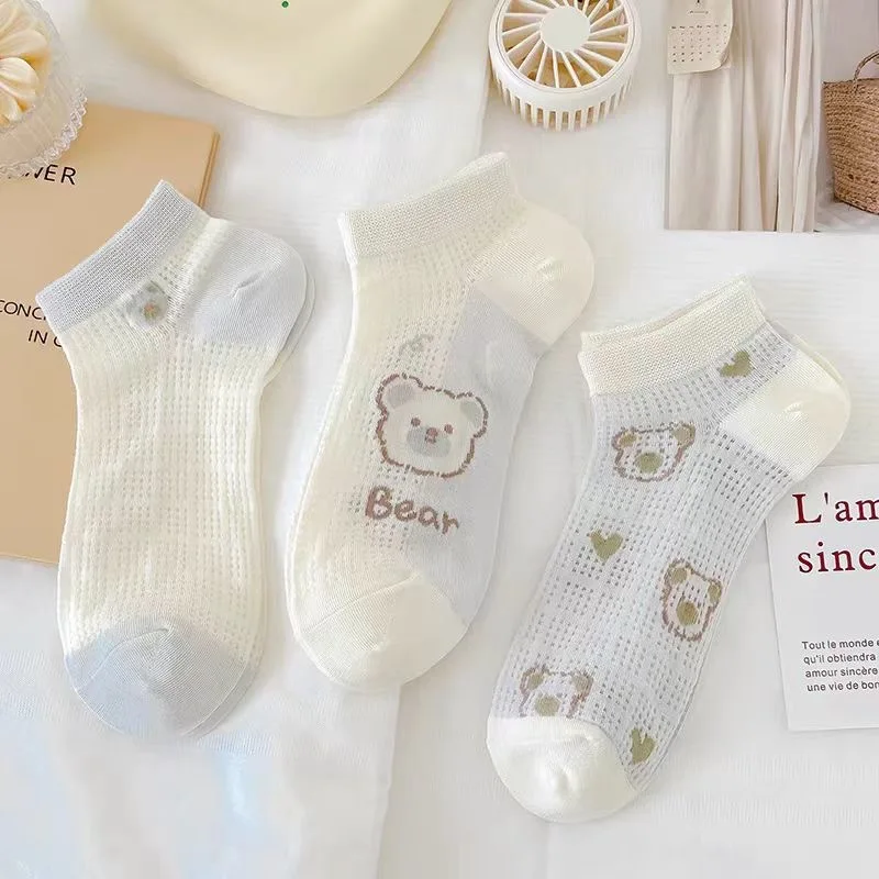 Dreamlikelin, 5 пар/упак., четырехсезонные женские носки, новые короткие носки с милым принтом медведя, носки до щиколотки для девочек в корейском стиле