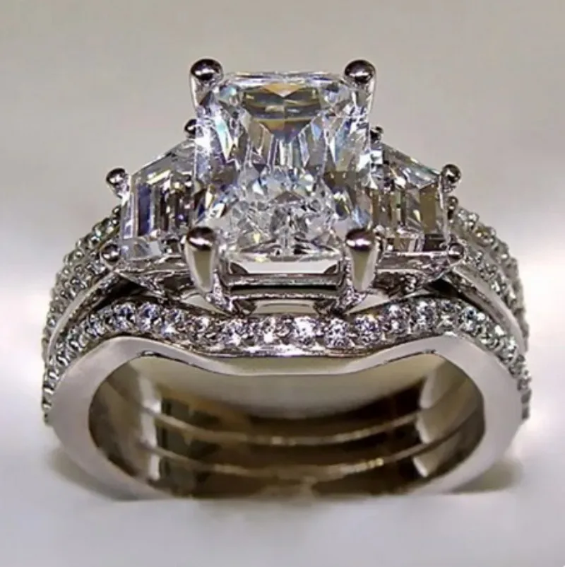 Vintage 10K White Gold 3ct AAAA Zircon Ring sets Silver Color Bijou Engagement Wedding band Rings for Women men Jewelry
