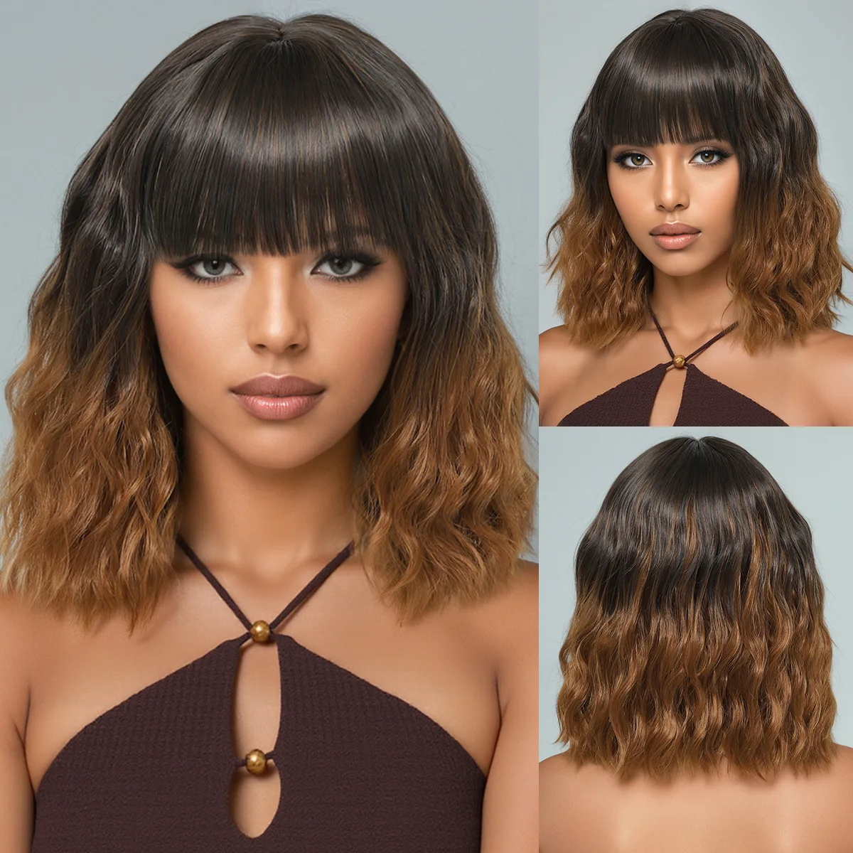 Brown gradient daily European and American shoulder length curly hair women's bangs synthetic full head wig
