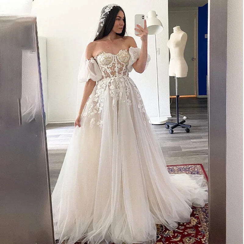 

MCDV Women Champagne 3D Lace Appliques Wedding Dress Short Puff Sleeves Tulle Formal Bridal Gowns New 2024