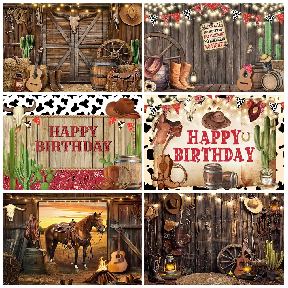 

Western Cowboy Photography Backdrop Rustic Farm Barn Haystack Wood House Horse Wheel Background Party Decor Photo Shoot Props