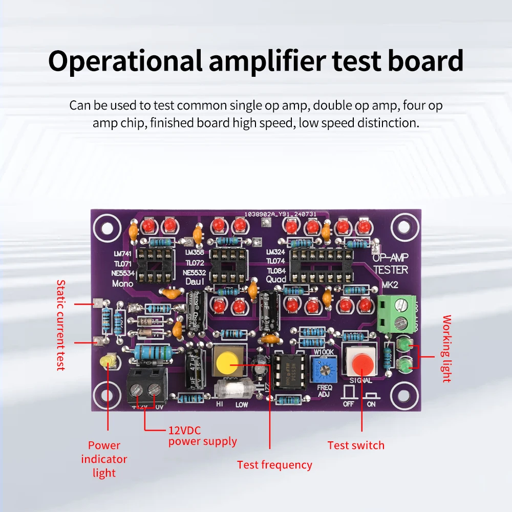 Tester amplificatore operazionale OPAMP DC 12V T2 con indicatore LED per modulo di test amplificatore operazionale singolo doppio quad