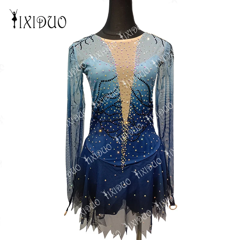 Blue Gradient Ice Figure Skating Dress Women Girls Long Sleeve High Elasticity Training Skating Wear Outfits With Rhinestones