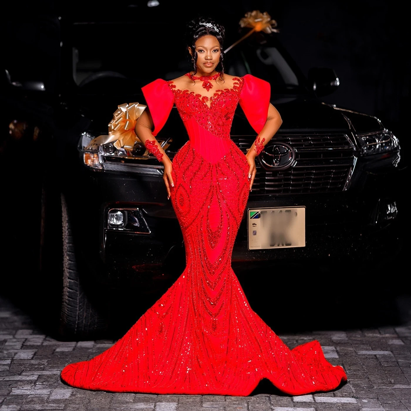Luxury Red Beaded Mermaid Evening Dress Aso Ebi Style Custom-Made Elegance African Bridal Party Wedding Reception Gown
