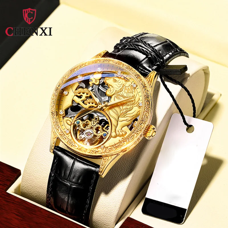 2023 Fashion Luxury Design Tiger Watch Men Tourbillon Watches CHENXI Leather Strap Automatic Mechanical Wristwatches Men Reloj