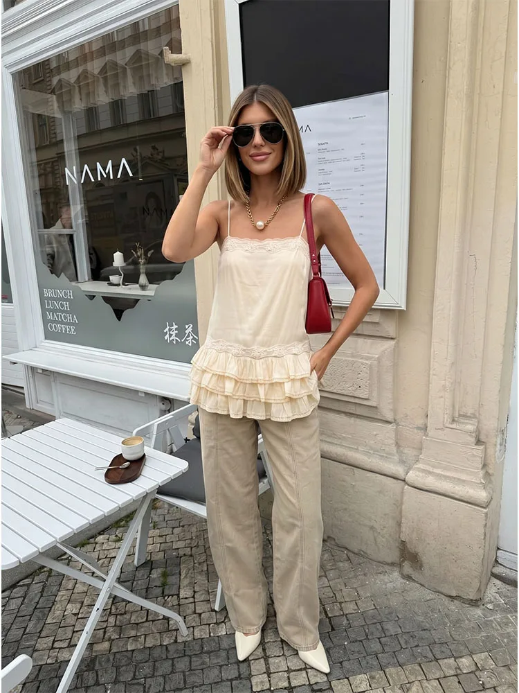 

HH Women Summer Preppy Soft Cream Lace Cami Top Spring Spaghetti Strap Tiered Ruffle Hem Casual Tank For Campus Daily Wear