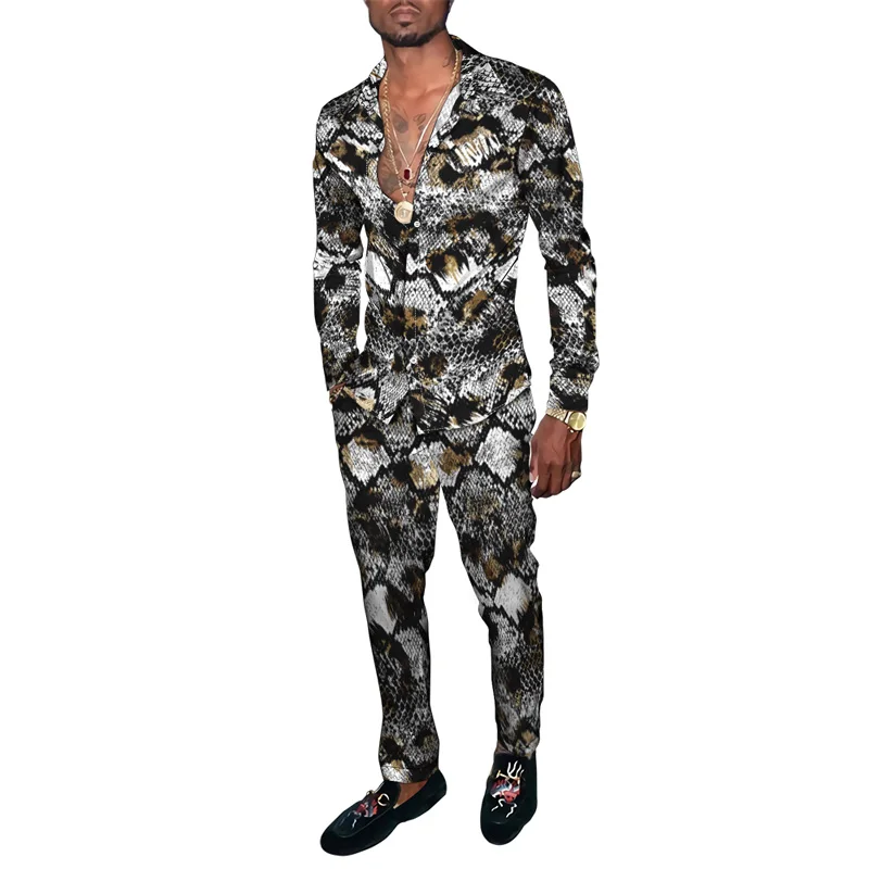 Hawaiian Shirt Suit 3D Serpentine Print 2PCS Set Striped Check Fashion Breathable Men Long Sleeve Shirt Pants Two Piece Suits