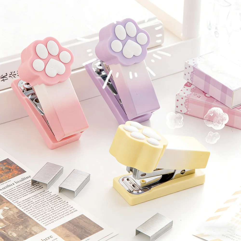 Kawaii Gradient Cat Paw Mini Stapler Portable Cute Stapler Student Binding Tool Cute Stationery School Office Supplies