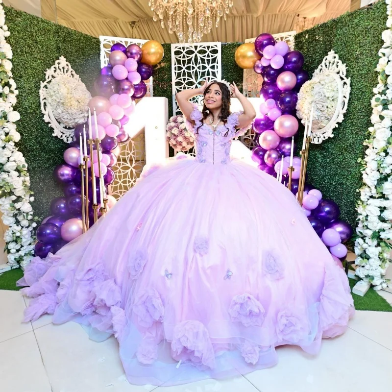 

Блестящее фиолетовое платье Quinceanera с открытыми плечами, блестящая 3D цветочная наклейка, тюль, длинный хвост, платья de 15, Quinceanera ﻿ Индивидуальный