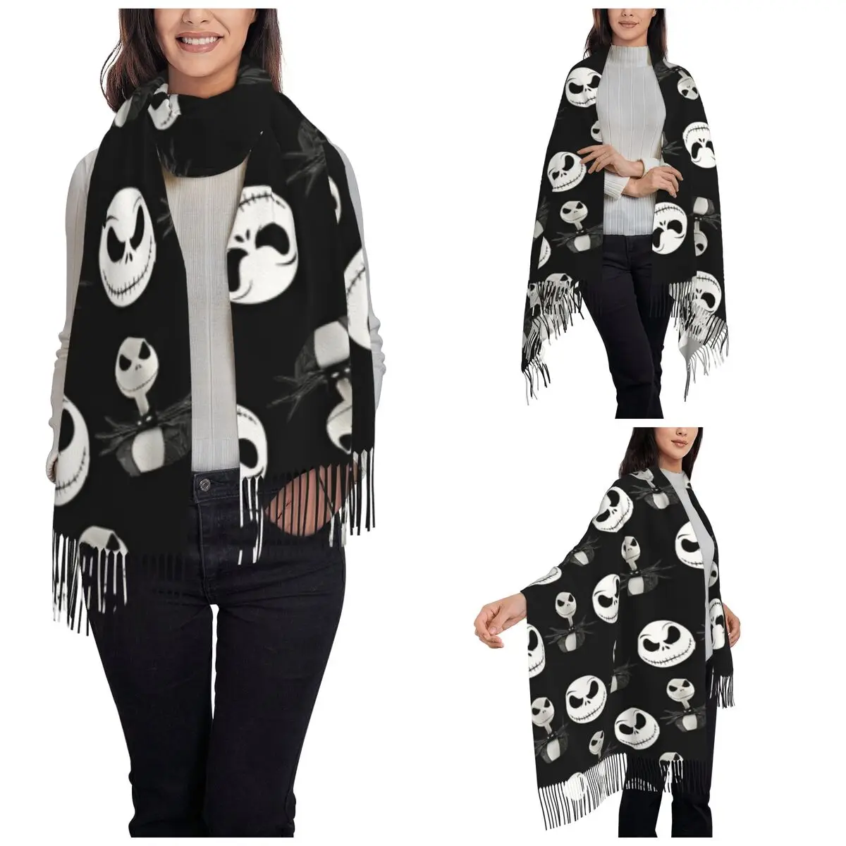 Women\'s Scarf with Tassel Nightmare Before Christmas Jack Skellington Large Soft Warm Shawl Wrap Xmas Gifts Cashmere Scarf