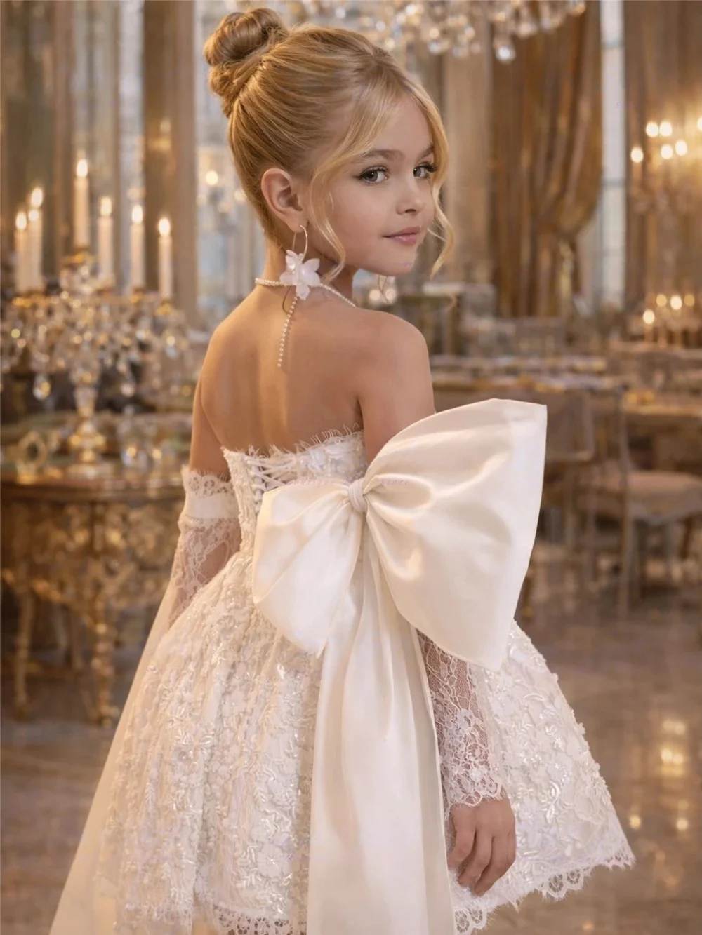 Maßgeschneidertes trägerloses Spitzen-Blumenmädchenkleid, Hochzeitskleid, Geburtstagskleid, Kinder-Festkleid, formelles Abendkleid