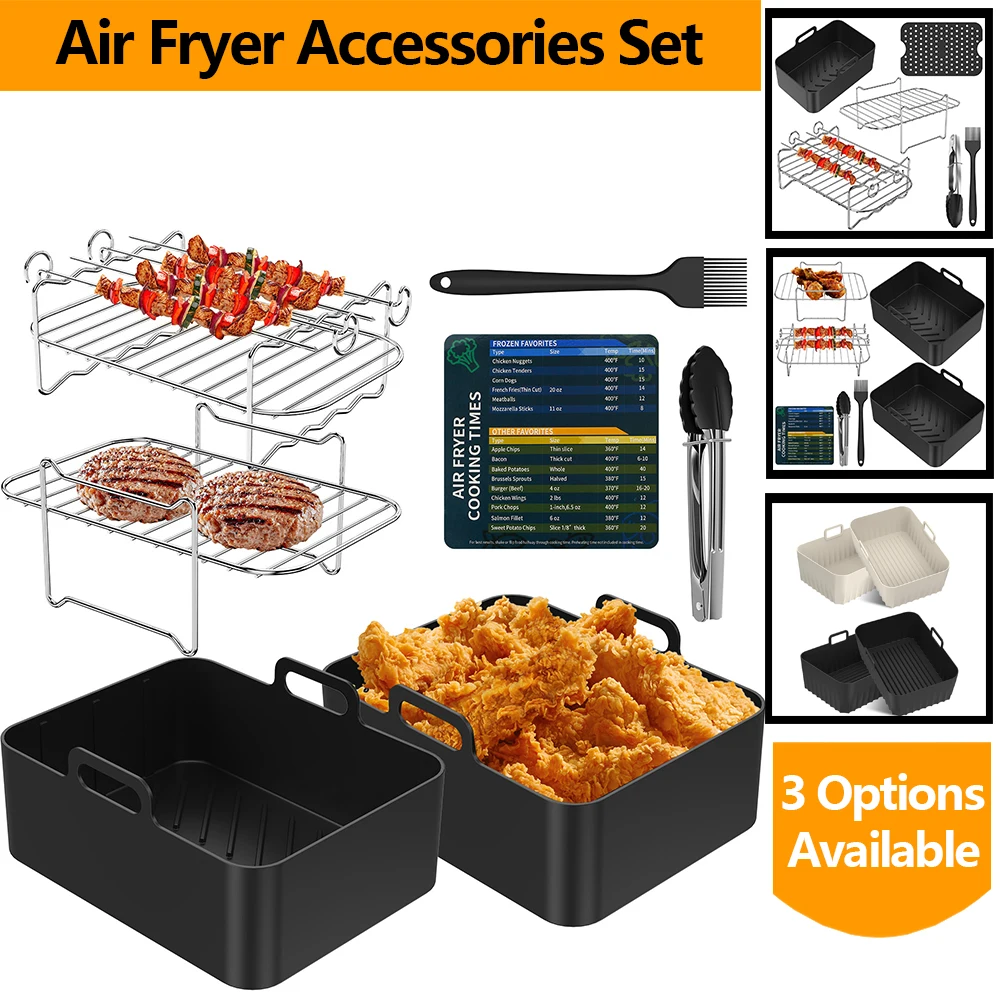 Zubehör-Set für Luftfritteusen, wiederverwendbare Luftfritteusen-Silikonmatte, Edelstahl-Luftfritteusen-Rack mit Grill-Clip, Silikonbürste, 1 Set