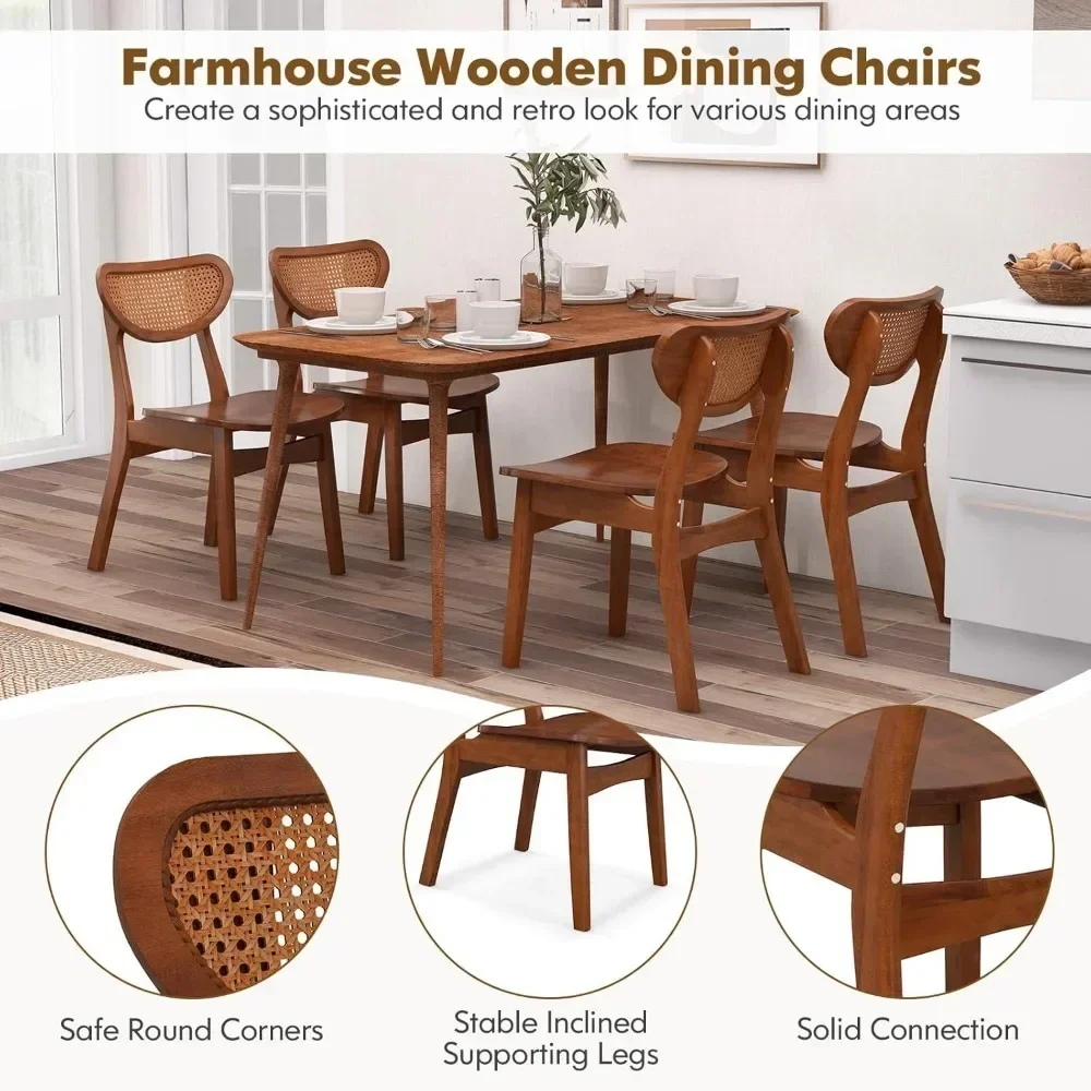 4-piece set chair, armless kitchen chair with breathable mesh rattan backrest, rubberwood legs, farmhouse side chair