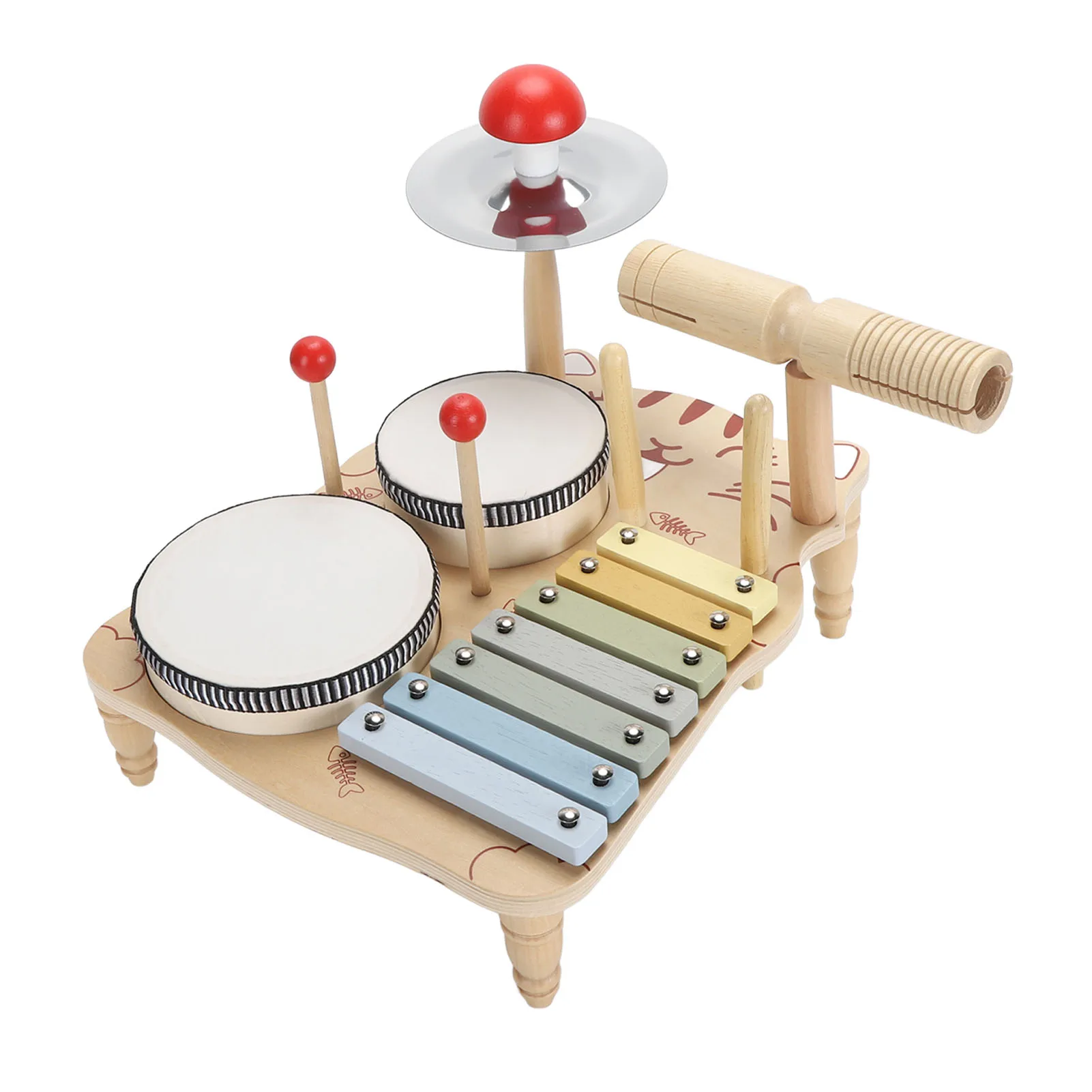 

Деревянная музыкальная барабанная установка, сенсорное раннее обучение, многофункциональный детский деревянный барабанный инструмент, познание цвета для повседневной жизни