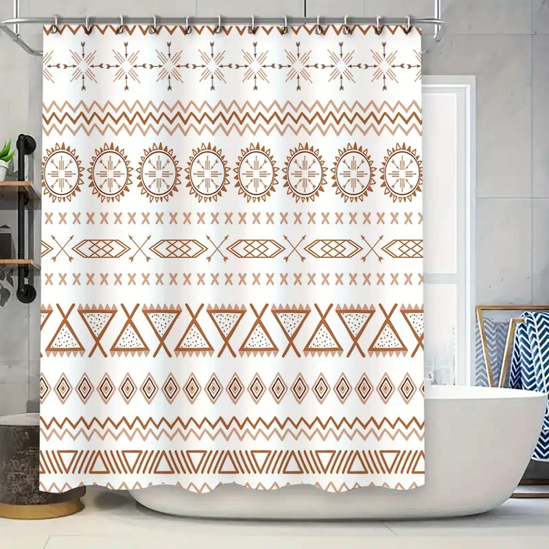 

Набор декоративных занавесок для душа с геометрическим рисунком в деревенском стиле и 12 крючками нейтрального бежевого тона для современной домашней ванной комнаты