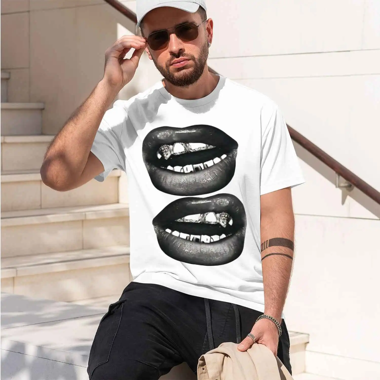 Punk & Lips Graph Print T-Shirt, Short Sve Crew Ne Casual For Summer & Sp, Women's Clothing,Breathable And Comfortable Short-Sve