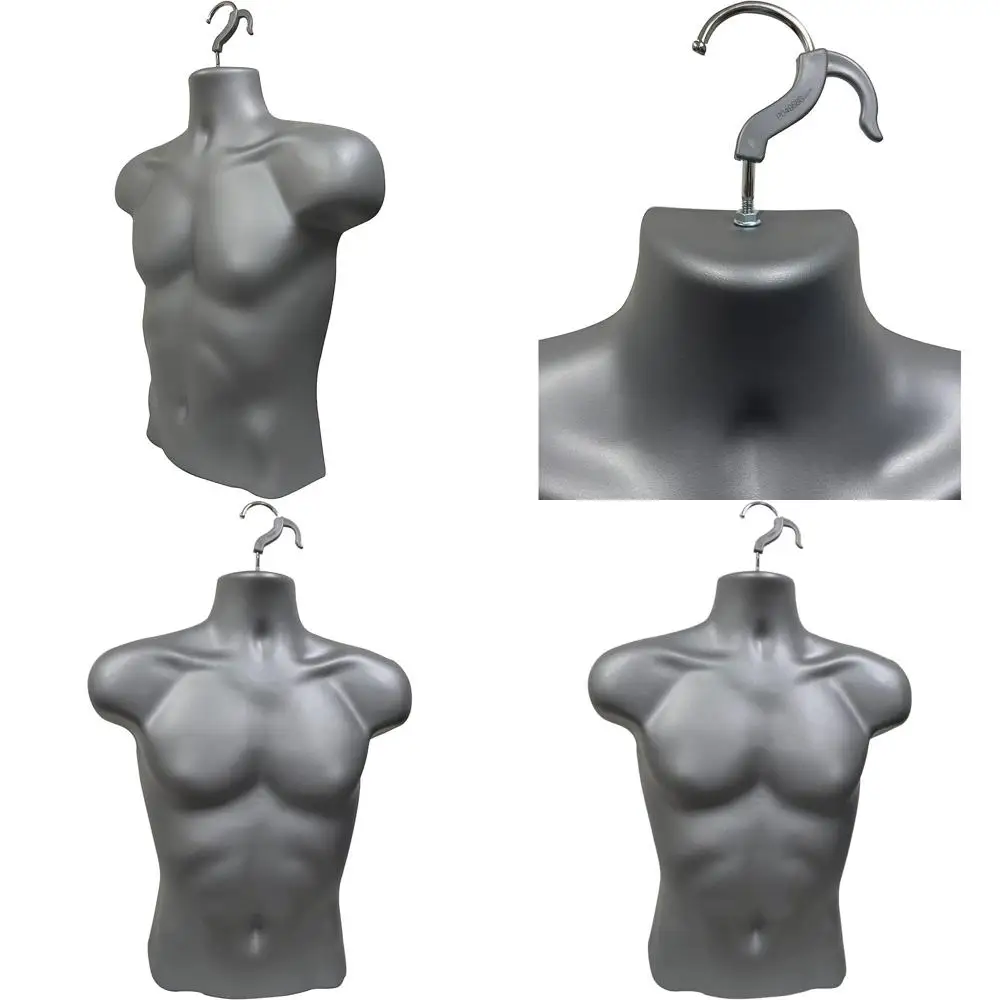 

Gray Set of 4 Stackable Male Mannequins for S-M Clothing, with Hollow Back, Hanging Hooks, and Countertop Display Options