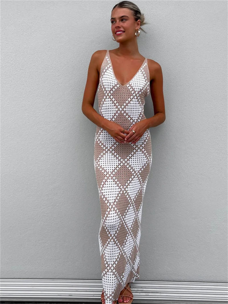 Letnia seksowna sukienka z odkrytymi plecami, bandażowa, w kratę, dzianinowa, damska narzutka na bikini szydełkowe, długi strój plażowy, damski strój kąpielowy, pareo