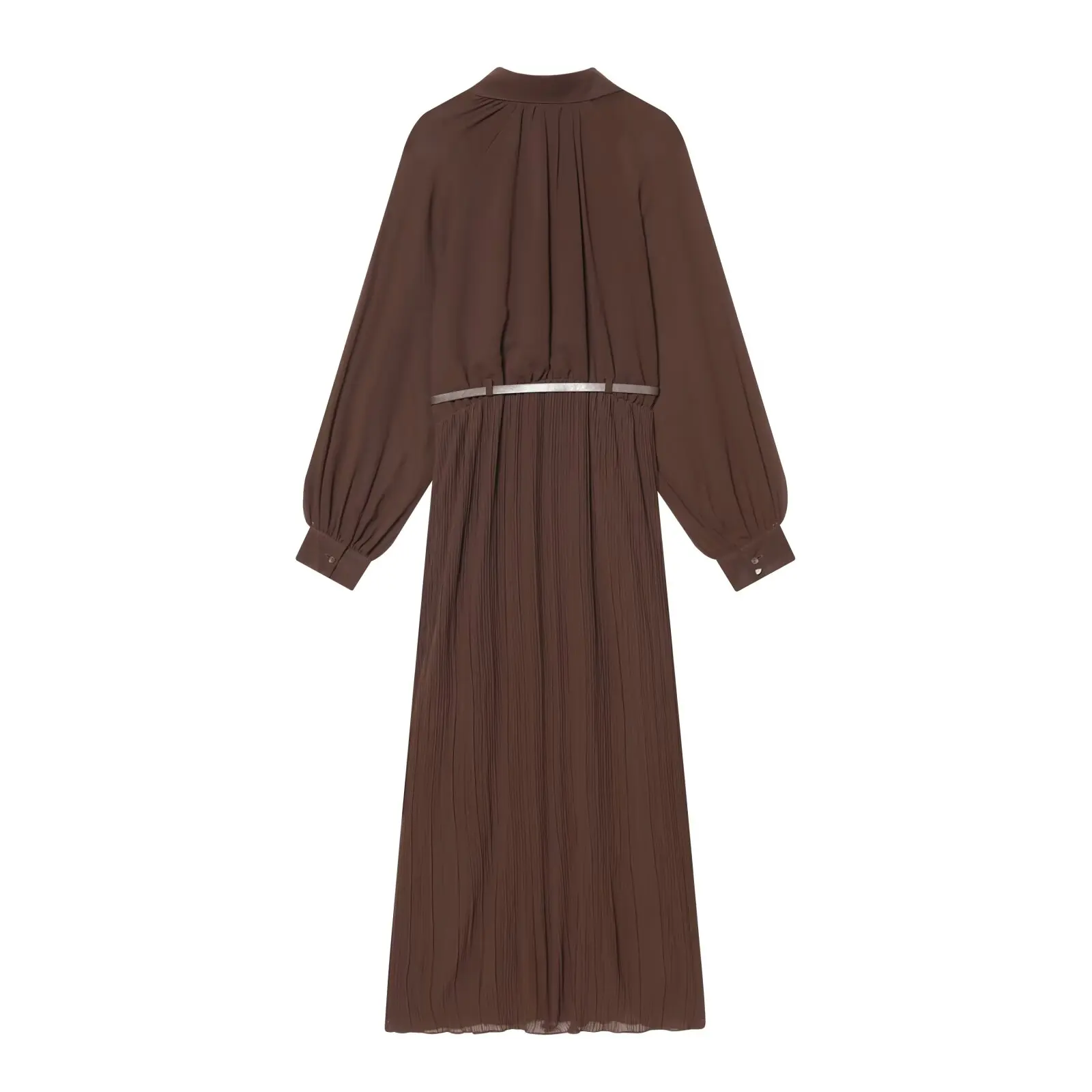 Women Shirt Dress With Belt Autumn Turn Down Collar Elastic Waistband Long Dress Pleated Hem Female Casual Chic Party Dresses