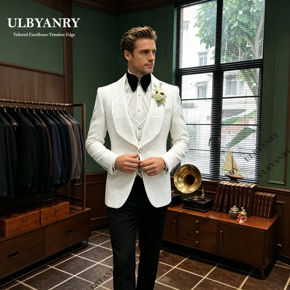 

ULBYANRY Slim Fitting Jacquard Wedding Suit for Groom, EU44-EU56 3-Piece Prom Party Suit, Singer Stage Show Suit Attire Tuxedo