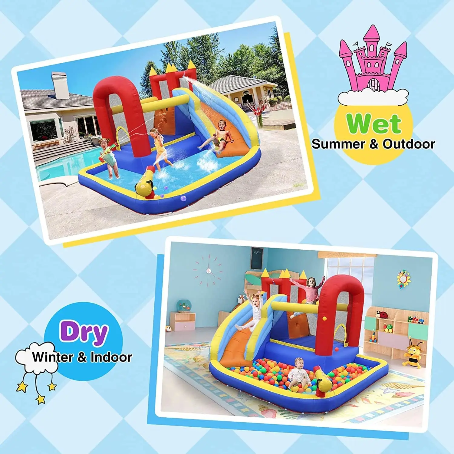 JOYLDIAS Nadmuchiwana zjeżdżalnia wodna Bounce House, Slide Bouncer Castle Playhouse z basenem Splash, obszarem skoków, ścianą wspinaczkową, koszykówką Ho