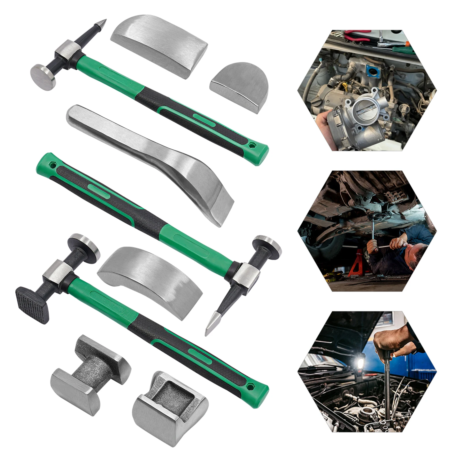 9PCS Auto Body Dent Repair Tool Kit Green Handle Metal Hammer Set DIY Sheet Metal Repair Tools for Car Dents