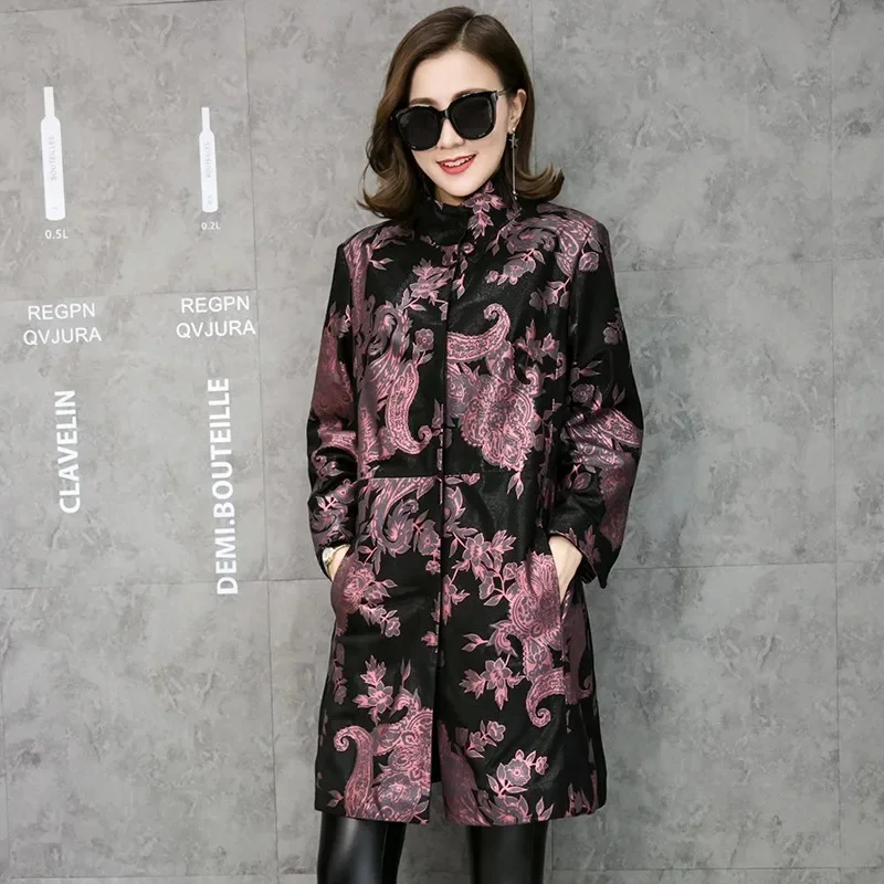 Free Shipping Multicolor Floral Print Genuine Leather Trench Coat Real Lambskin Coats Fashion Long Outerwear