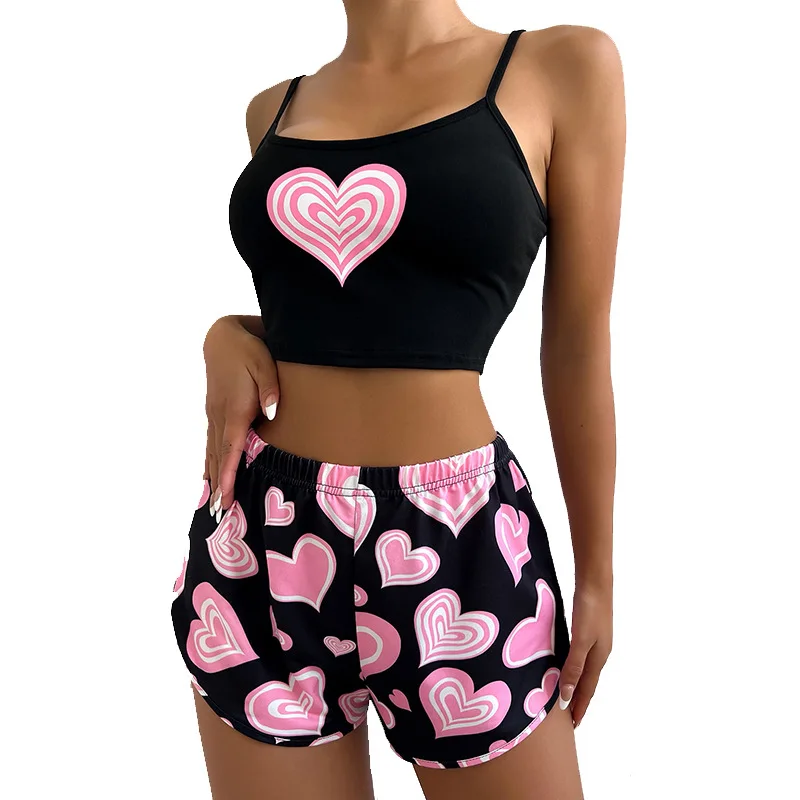 2 Pieces Pajamas for Girls Set Summer Women Sleepwear Short Sleeve Nightgown Female Ladies Sexy Lingerie Pyjamas Heart Print