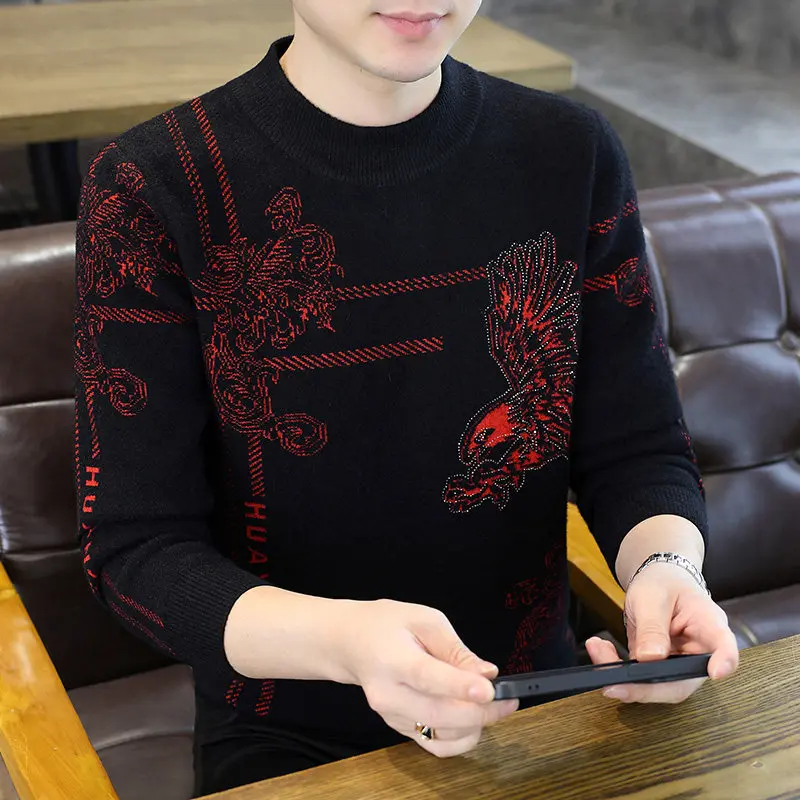 

Мужской зимний свитер Thiened: повседневный вязаный топ, теплый базовый слой, эластичный, с цветочной вышивкой, длинный рукав, высокий воротник