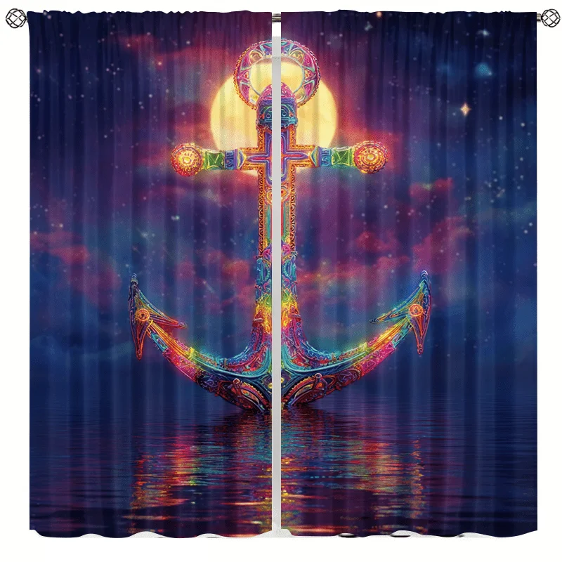 2pcs Sailing Tool Anchor HD Digital Printing, Light Filter Polyester Curtains with Rod Pocket Design, Suitable for Bedroom, Livi