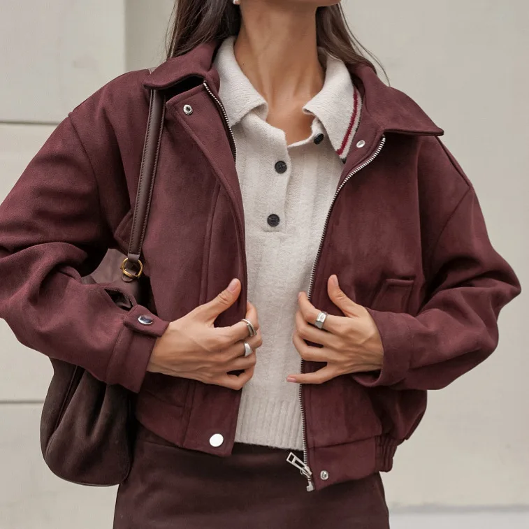 

2026 Autumn Winter Niche Turn-Down Collar Long Sleeve Brown Atmosphere Cardigan Women's Motorcycle Style Leather Jacket