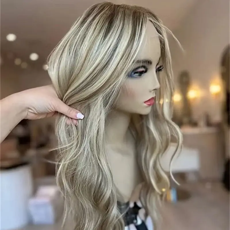 

13x4 Ombre Blonde Brown HD Парики спереди на шнуровке Термостойкое волокно 26-дюймовые парики из синтетических волос с темными корнями для ежедневного использования на вечеринке